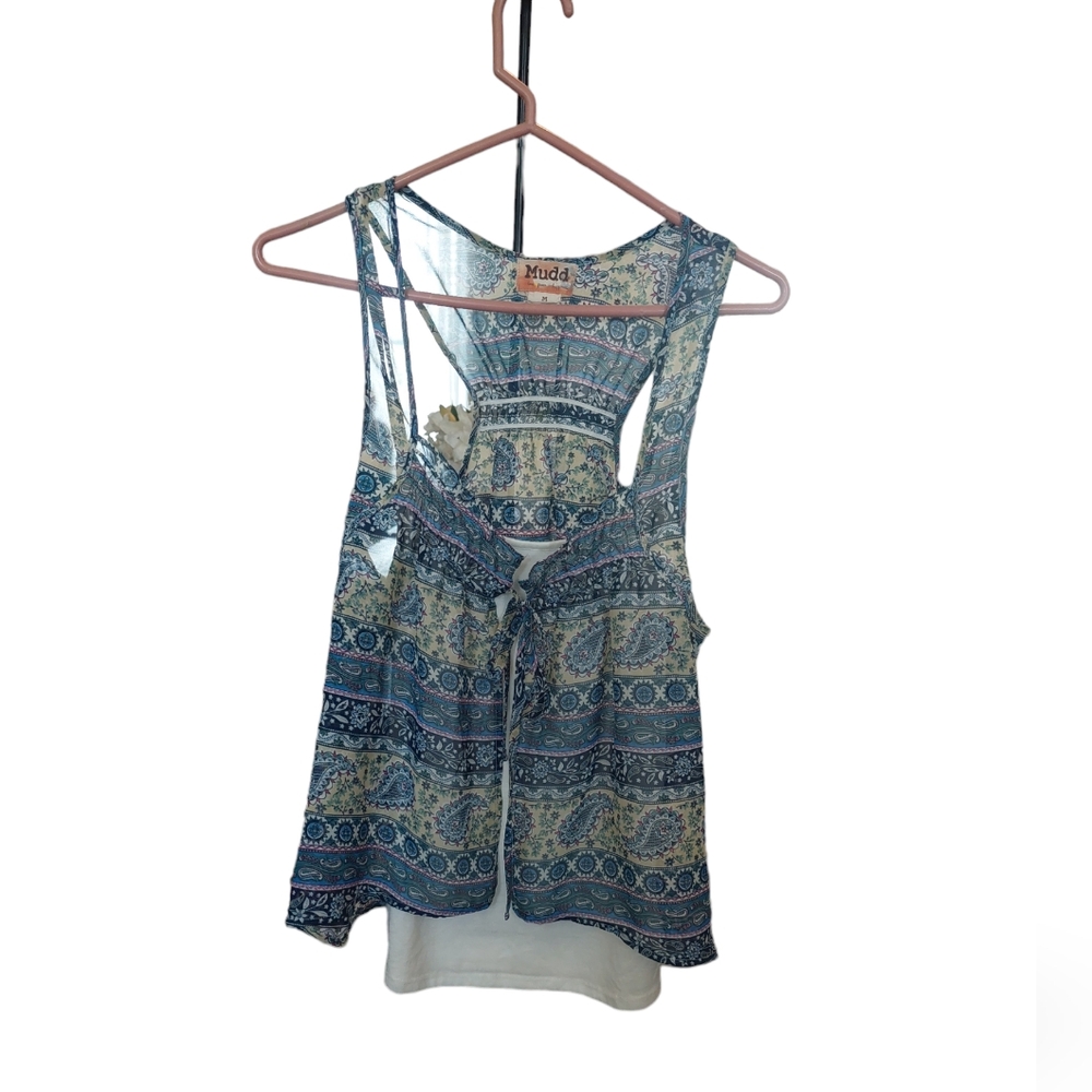 Y2k Vintage Mudd Vest Tank Juniors sz Medium Blue Boho Sheer Mesh Layered Cami